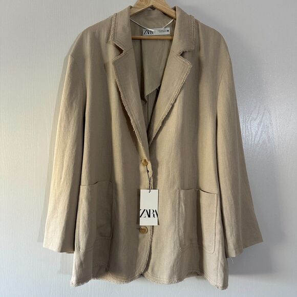 Zara Womens Oversized Linen Blend Fray Hem 3 Button Tan Beige Blazer Size XL NWT - Picture 1 of 9